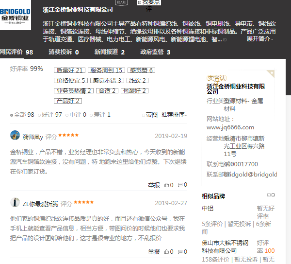 百度口碑中，客戶(hù)對(duì)金橋銅業(yè)評(píng)價(jià)